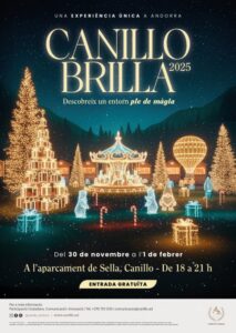 Decoraciones navideñas en Canillo con luces brillantes y un carrusel