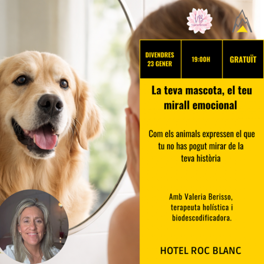 Perro mirando a su dueño en un espejo durante una charla sobre emociones
