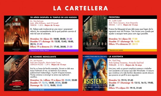 Cartelera de películas en los Cinemas Illa Carlemany de Andorra.