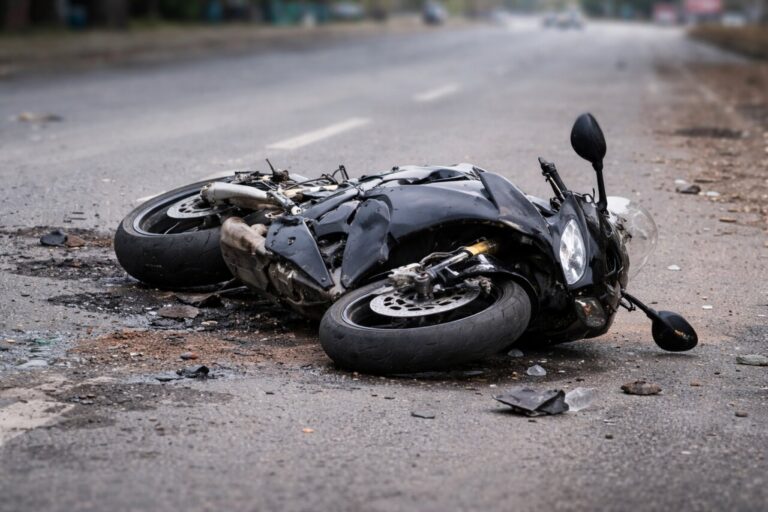 Motocicleta caída en la carretera tras un accidente de tráfico