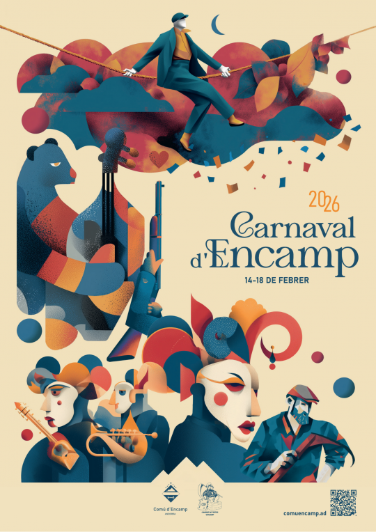 Cartel del Carnaval d'Encamp 2026 con personajes y elementos festivos