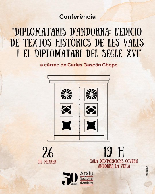 Cartel de la conferencia sobre los Diplomataris d'Andorra y su historia