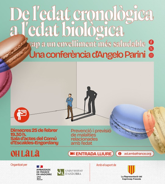 Cartel de la conferencia sobre envejecimiento saludable con Angelo Parini