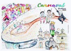 Ilustración del Carnaval 2026 en Ordino con actividades familiares y coloridas.