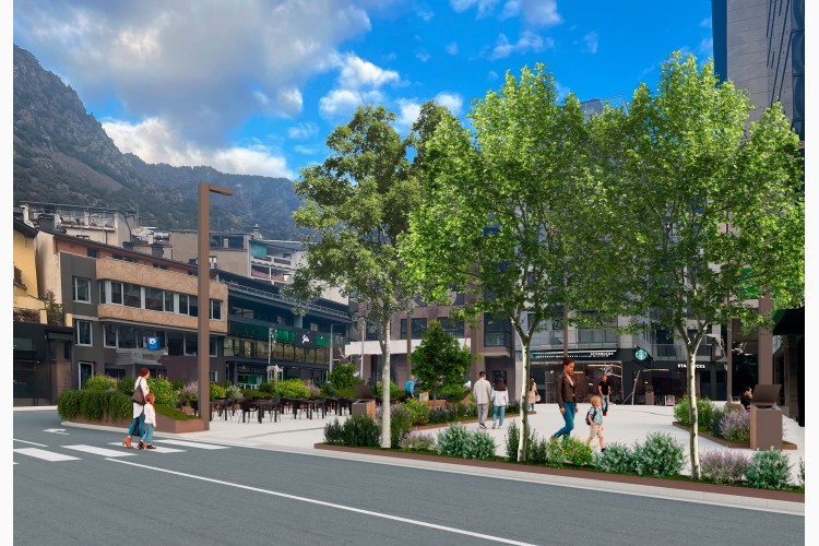 Vista de la remodelació de la plaça Bartomeu Rebés Duran amb arbres i espais per vianants.