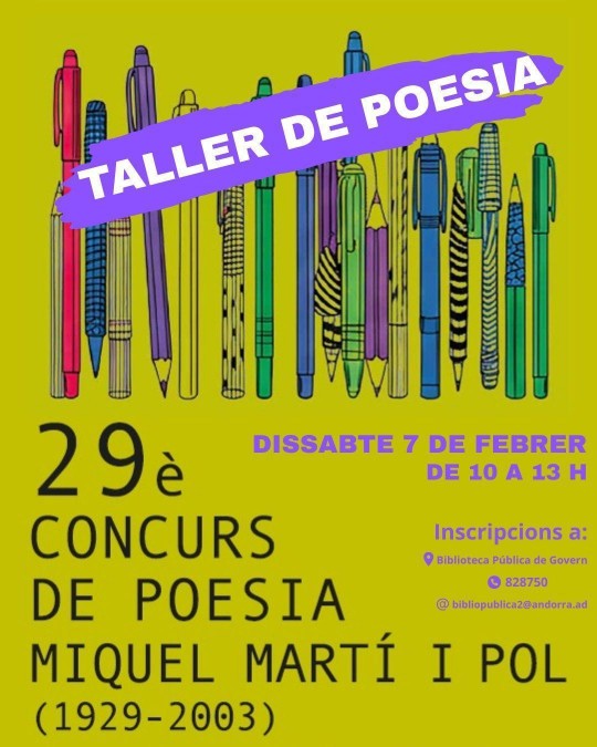 Cartel del taller de poesía en Andorra con bolígrafos de colores