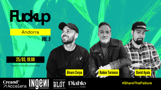 Cartel del evento Fuckup Nights Andorra con ponentes y detalles