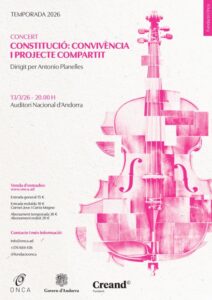 Cartel del concierto sobre la Constitución en Andorra con un violonchelo