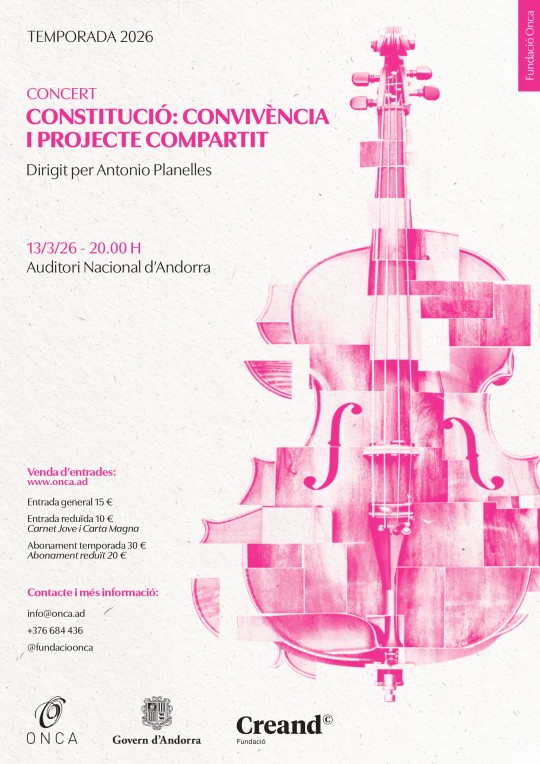 Cartel del concierto sobre la Constitución en Andorra con un violonchelo