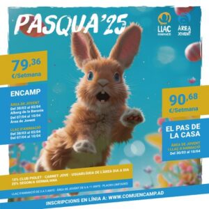 Cartel de inscripciones para actividades de Pascua en Encamp con un conejo animado.