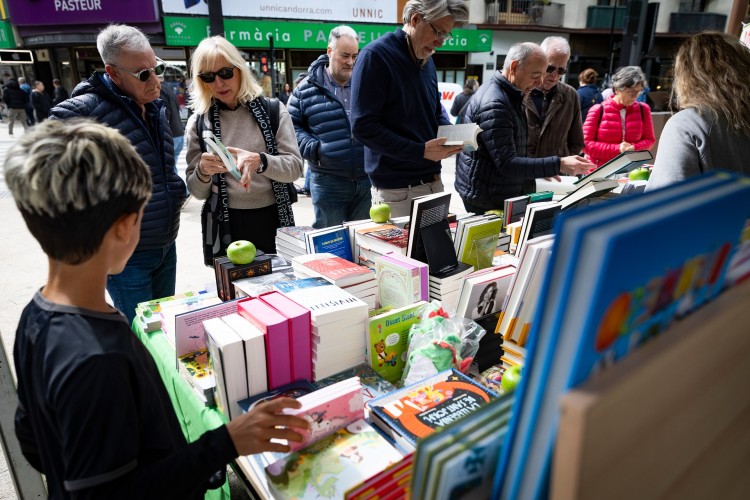 Personas revisando libros en un mercado durante la Fira de Sant Jordi