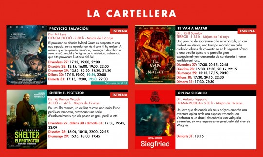 Cartellera de pel·lícules dels Cinemes Illa Carlemany d'Escaldes-Engordany.
