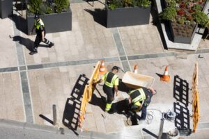 Trabajadores realizando obras en las aceras de Andorra la Vella