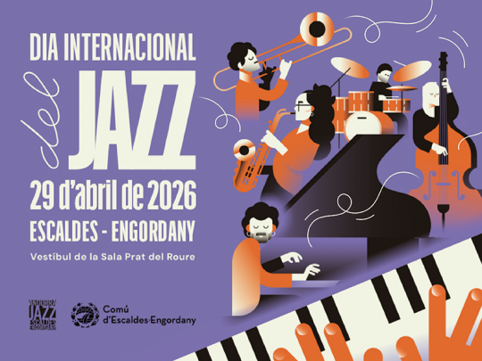 Ilustración del Día Internacional del Jazz con músicos tocando instrumentos
