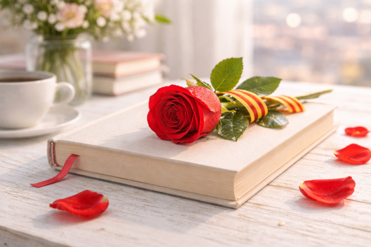 Libro abierto con una rosa roja y cinta amarilla en una mesa