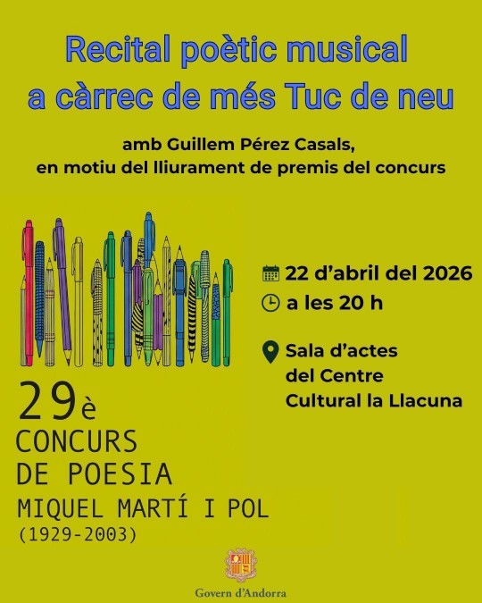 Cartel del recital poético musical con Guillem Pérez Casals en Andorra la Vella