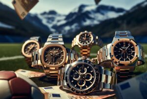 Relojes de lujo sobre el césped con billetes de euro