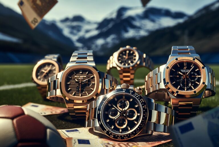 Relojes de lujo sobre el césped con billetes de euro
