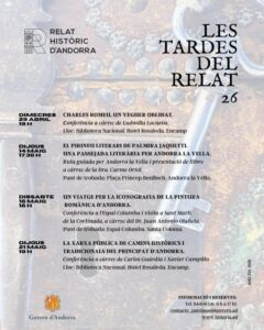 Cartel de la conferencia sobre camins històrics en Encamp, Andorra.