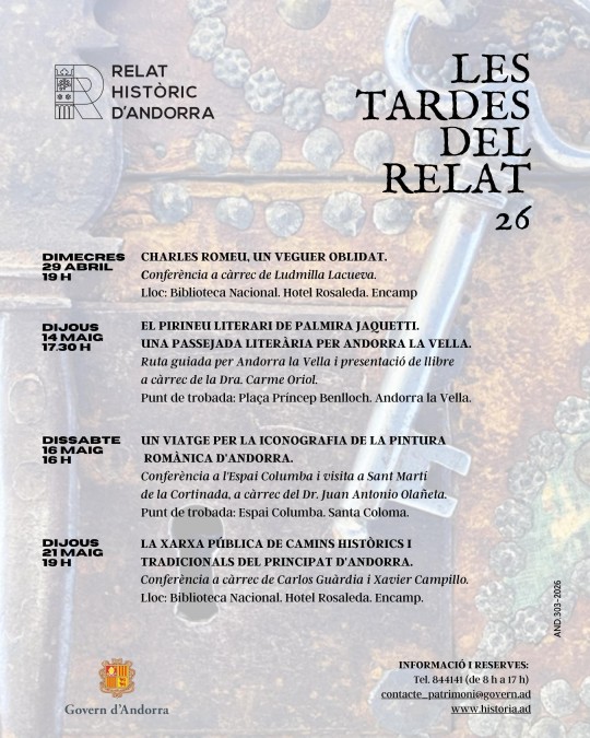 Cartel de la conferencia sobre camins històrics en Encamp, Andorra.