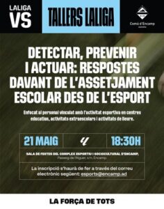 Cartel del taller sobre prevención del acoso escolar a través del deporte en Encamp.