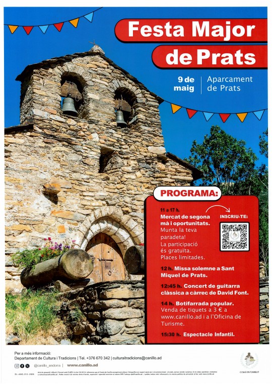 Cartel de la Festa Major de Prats con actividades familiares y un paisaje festivo
