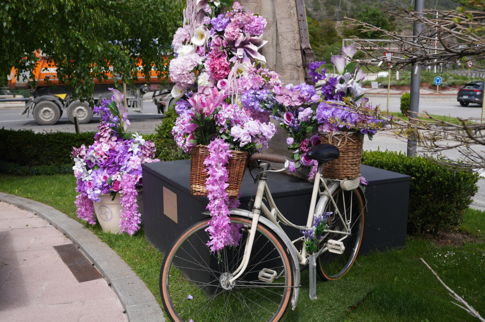 Bicicleta decorada con flores moradas en Sant Julià de Lòria
