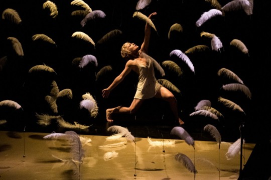 Actuación teatral con plumas en el escenario del Teatre Comunal