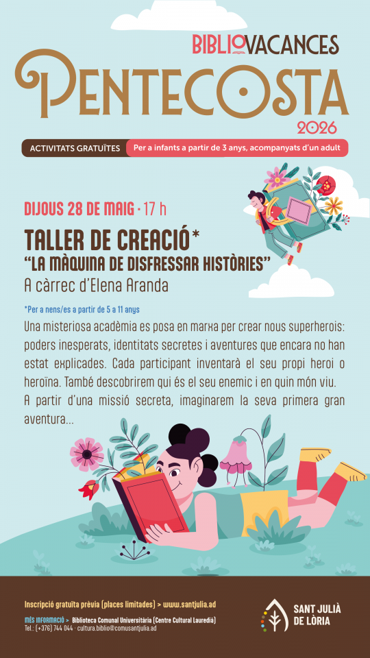 Cartel del taller infantil de superhéroes en Sant Julià de Lòria