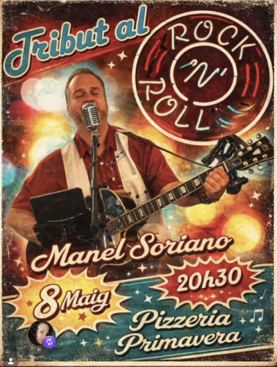 Cartel del concierto Tribut al Rock&Roll en Pizzeria Primavera con Manel Soriano