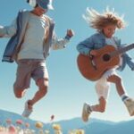 Niños saltando en un campo con flores mientras tocan música