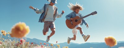 Niños saltando en un campo con flores mientras tocan música