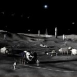 Representació artística de la superfície lunar amb astronautes i vehicles