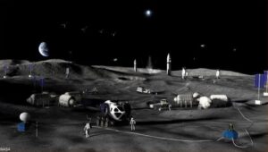 Representació artística de la superfície lunar amb astronautes i vehicles