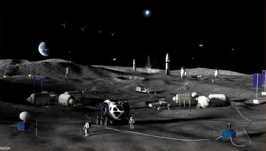 Representació artística de la superfície lunar amb astronautes i vehicles