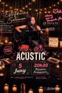 Estefanie Solomon tocando la guitarra en un concierto acústico
