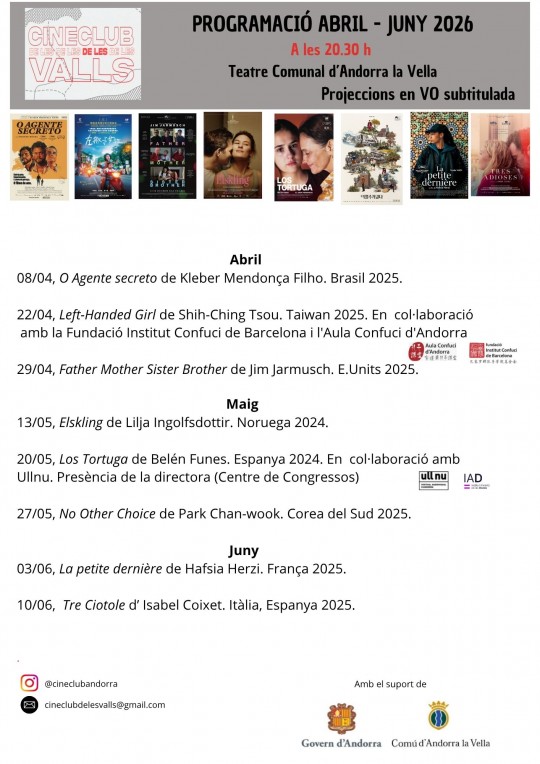 Cartel de la programación del Cineclub de les Valls para abril a junio de 2026
